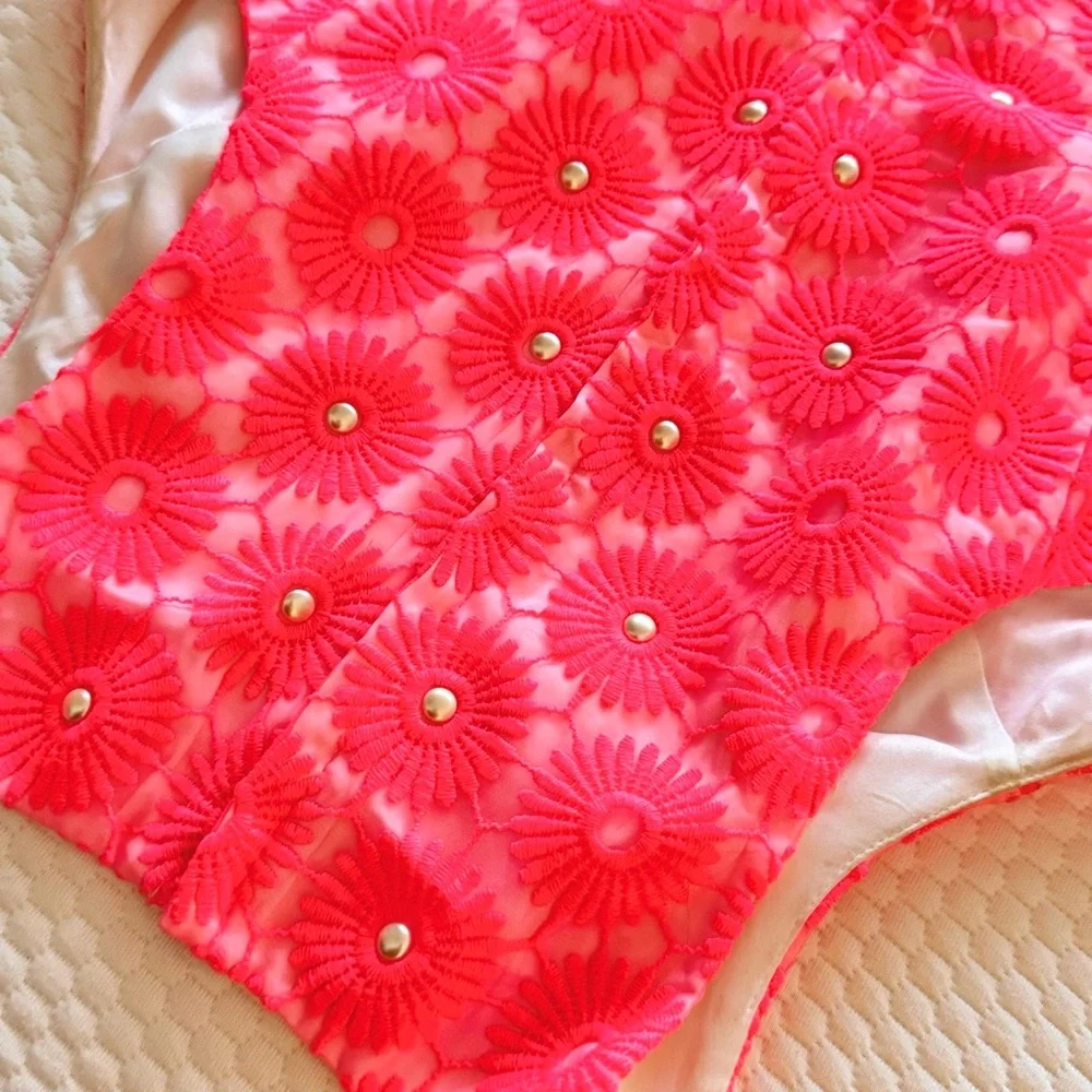 LILLY PULITZER Neon Pink Floral Pinwheel Lace & Pearl Mini Shift Dress